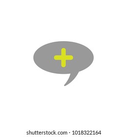 flat grey chat speech bubble with green plus sign icon. add quotation symbol. Isolated on white. Vector illustration. think positive  symbol. Copy files, chat speech bubbl