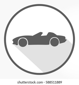 flat grey convertible car icon heading left direction viewed from side on white circle with frame and shadow effect
