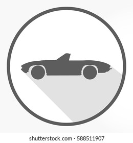 flat grey convertible car icon heading left direction viewed from side on white circle with frame and shadow effect