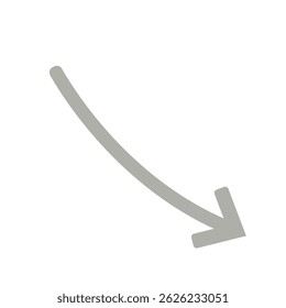 Flat grey curved arrow pointing downward right, ideal for user interface cues, flow direction graphics, or diagram motion indicators.