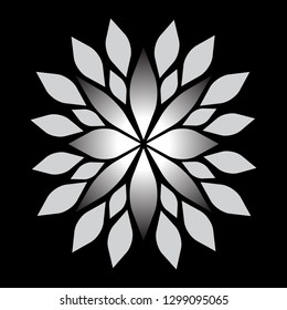 flat grey gradation leaves isolated on black background. mandala circle leaves ornament. vector illustration floral mandala, abstract ethnic flower medallion. design for logo, web site, app , fabric, 