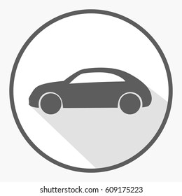 flat grey simple car icon heading left direction with single window and tires viewed from side on white circle with frame and shadow effect