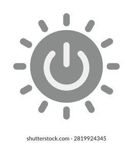 A flat grey vector graphic representing a combination of a power switch and sun rays on a white background