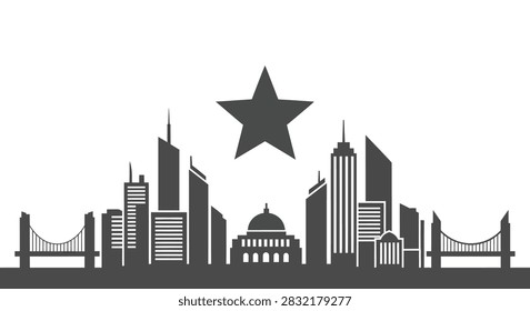 A flat grey vector illustration of a modern city skyline featuring skyscrapers, a domed building, and two bridges with a large star symbol above.