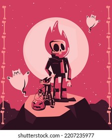 flat grim reaper poster with halloween items