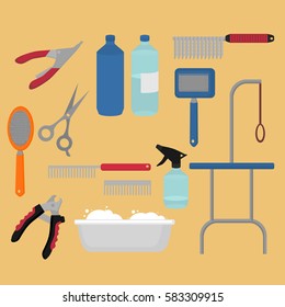 Flat grooming salon equipment set, dog haircut tools icons. Doggy groomer collection, nail clipper, cutter, Slicker and brush, comb, scissors and dematters vector illustration