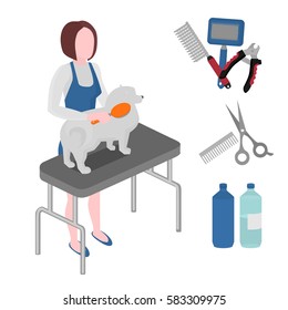 Flat grooming salon equipment set, dog haircut tools icons. Doggy girl groomer collection, nail clipper, cutter, Slicker and brush, comb, scissors and dematters vector illustration