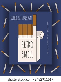 Flat Groovy cigarette pack. Trendy 3D retro tobacco poster design. Vintage sketch vector aesthetic smoking background.