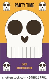 Flat Groovy style Halloween poster design. Boho Helloween postcard template with skull. Simple pastel color vector illustration for social media post. EPS 10