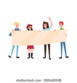 Flat group of angry protesting people holding demonstration banner vector illustration