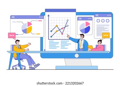 Flat group business team video conference meeting online and brainstorming concept. Outline design style minimal vector illustration.