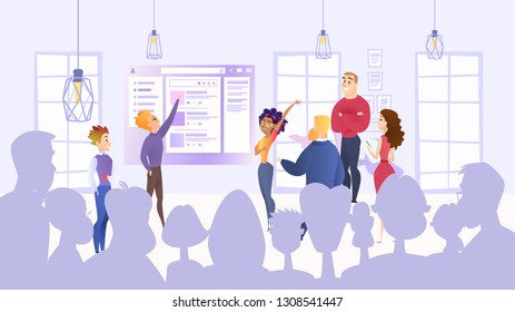 Flat Group Employees Will Jointly Present Project. Vector Illustration General Company Meeting. Guy and Girl are Working Together on Project. Group People and Management Firm are Listening to Speaker