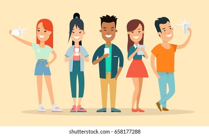 Flat group of smiley casual teens speaking phone, making selfie vector illustration set. Social concept.