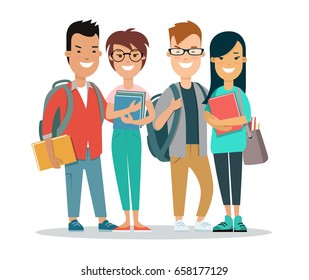 Flat Group Smiley Students Backpack Books Stock Vector (Royalty Free ...