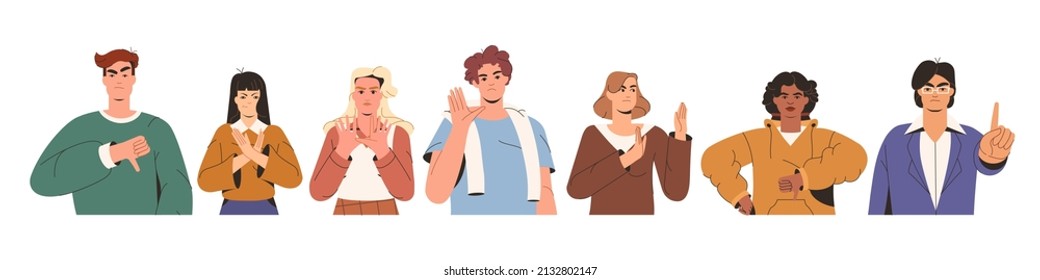 Flat group of young people showing refusal or negative emotions with gesture. Rejection, thumb down or stop hand signs. Displeased men and women faces expressing rejection, disagree, denial or protest