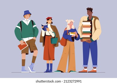 Flat group of young smiling college or university students with books and backpacks standing together. Diverse teenagers in modern clothes. Happy multicultural people, cheerful teen girls and guys.