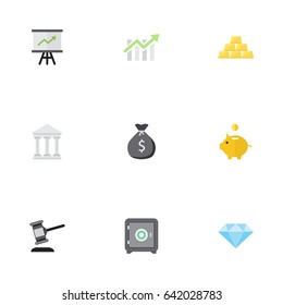 Flat Growing Chart, Money Box, Strongbox And Other Vector Elements. Set Of Business Flat Symbols Also Includes Bar, Courthouse, Bars Objects.