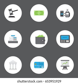 Flat Growing Chart, Verdict, Atm And Other Vector Elements. Set Of Banking Flat Symbols Also Includes Currency, Machine, Purse Objects.