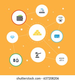 Flat Growing Chart, Verdict, Till And Other Vector Elements. Set Of Banking Flat Symbols Also Includes Payment, Growing, Purse Objects.