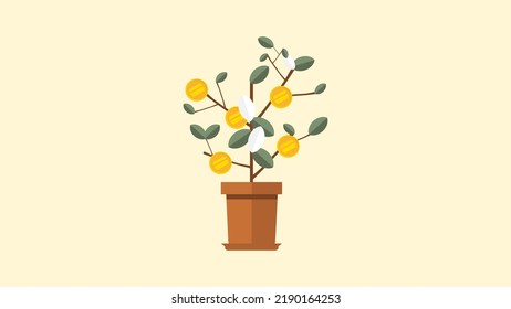 Flat growing money plant with gold coins. Investment concept.
