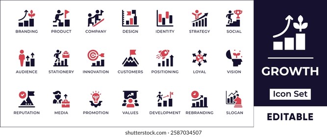 Flat growth icon set featuring business expansion, financial success, career progress, development, personal growth, and strategic improvement.