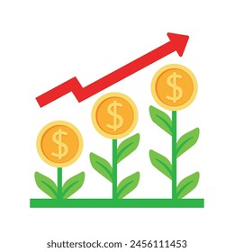 Flat growth USD money tree coin plant with red arrow for save money vector banking income business for web icon and banner isolated on white background