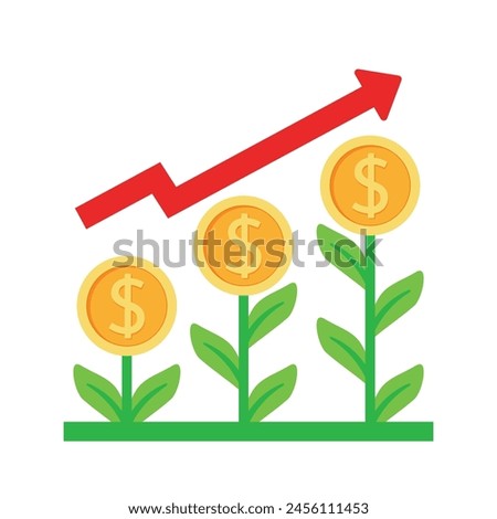 Flat growth USD money tree coin plant with red arrow for save money vector banking income business for web icon and banner isolated on white background
