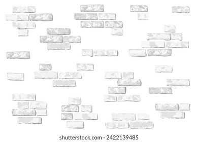 Bloques de pared de ladrillo grunge plano, trozos de pared de piedra. Masonería de ladrillo texturizado con dibujos vectoriales, elementos de ladrillo para la decoración, juegos de diseño, fondo.
