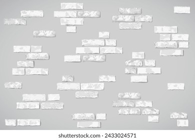 Bloques de pared de ladrillo grunge plano, piezas de pared de piedra sobre fondo gris. Vector de dibujos animados de mampostería de ladrillo texturizado, elementos de pared de ladrillo para la decoración, juegos de diseño, fondo.