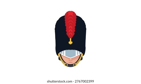 Flat of queen’s guard bearskin cap with red plume military uniform