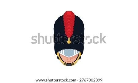 Flat of queen’s guard bearskin cap with red plume military uniform
