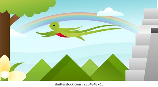 Flat Guatemalan landscape with mountains, a flying quetzal and Tikal illustration