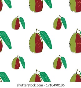 Flat guava seamless background vector illustration. Exotic fruits. Pattern for healthy lifestyle design. Scandinavian style. Vegetarian summer backdrop. Kitchen art. Fresh poster.