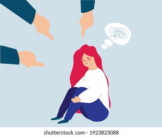 Flat guilty woman character. Weeping female emotions grief feeling confused and surrounded by fingers pointed at her. Child with mental disorder issues. Stop bullying concept. Vector illustration