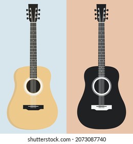 Flat guitar. Acoustic guitar on colored background. Isolated stylized art. Vector set.