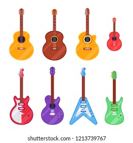 Flat guitar instrument. Ukulele, acoustic classical and rock electric guitars headstock. String classical acoustic music instruments. Musical vintage isolated icons vector cartoon set