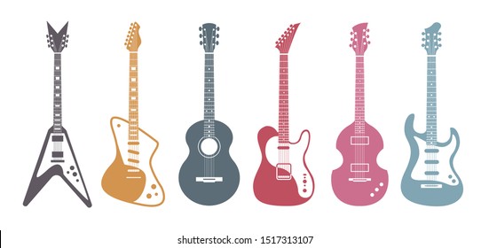 Плоские гитары. Акустическая гитара, электрогитара на белом фоне. Изолированное стильное искусство. Векторный набор.