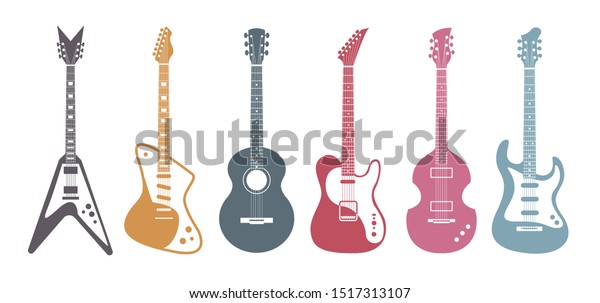 Flat guitars. Acoustic
guitar, electric guitar on white background. Isolated stylish art.
Vector set.