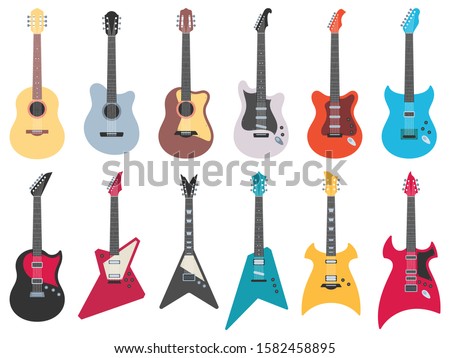Flat guitars. Electric rock guitar, acoustic jazz and metal strings music instruments. Musical band guitars instrument retro design. Colorful isolated flat vector illustration icons set