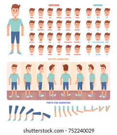 Flat Guy Character Set. Character has different kinds of poses, emotions and also lip sync.  Body parts already prepared for animation.