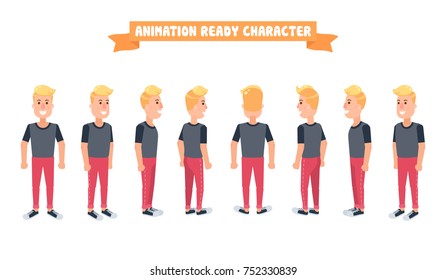 Flat Guy Character Set. Character has different kinds of poses, emotions and also lip sync.  Body parts already prepared for animation.