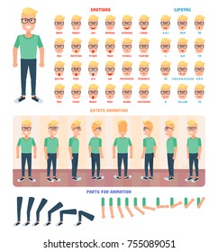 Flat Guy Character Set. Character has different kinds of poses, emotions and also lip sync.  Body parts already prepared for animation.