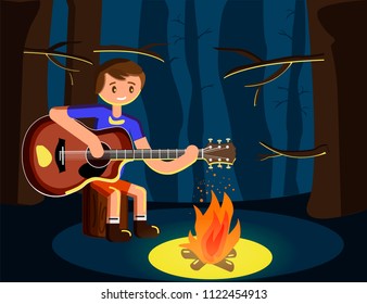 A flat guy playing guitar in the forest camping