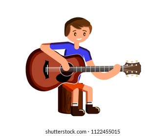 A flat guy playing guitar on white background isolated