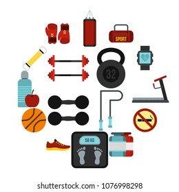 Flat gym icons set. Universal gym icons to use for web and mobile UI, set of basic gym elements isolated vector illustration