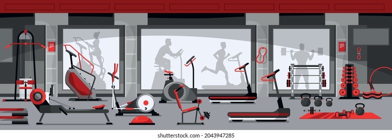 Flat gym interior with various exercise machines and equipment and silhouettes of people doing workout on background vector illustration