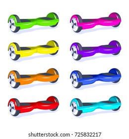 Flat gyroscooter different Color set hoverboard two wheels self balancing eco city transport on battery. Vector illustration