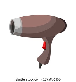 Flat hair dryer professional barbershop electric equipment. Styling hairdresser accessory. Brown hairdryer with red button icon. Beauty salon appliance. Vector cartoon illustration isolated on white