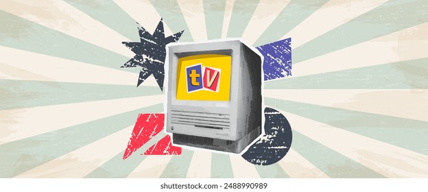 Flat halftone retro tv advertising banner design. Vintage vector concept of social media communication. Grunge circus retro background. 