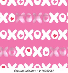 Flat and Halftone XOXO Valentine's Day Typography vector seamless pattern. Stripes Hearts and Words. Love. Hugs and Kisses. Cute Graffity. Pink Background. Girly Feminine Print